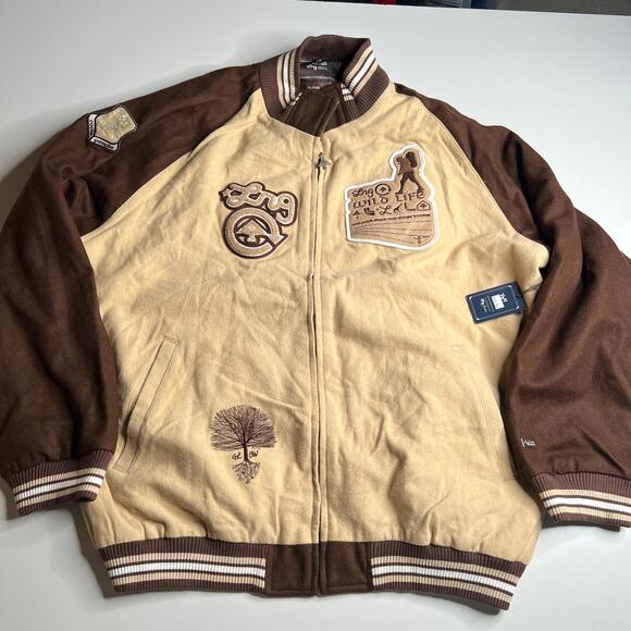 LRG Roots & Equipment XXXL Wool Blend Varsity Jacket Brown Tan Graphic Back Y2K